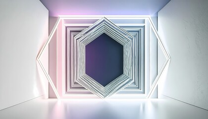 Abstract futuristic tunnel with glowing geometric hexagonal and rectangular frames receding into a vibrant, minimalist space.