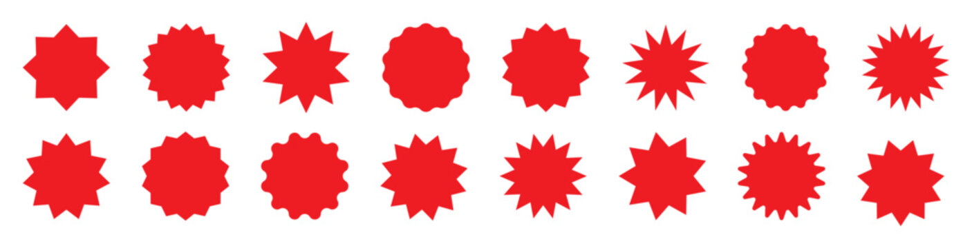 Collection of red starburst price tags with subtle shading. Round stickers with wavy edges and black promotional badges. Blank sale labels in a simple flat vintage style, isolated on white background.
