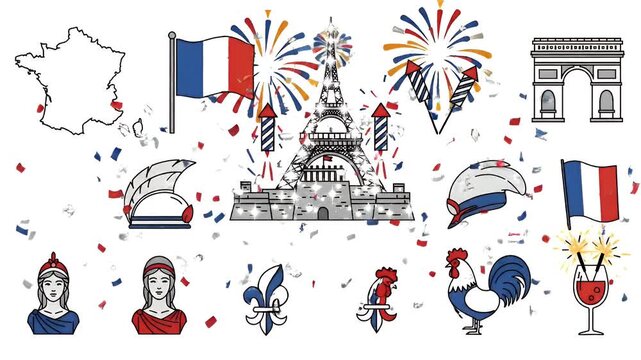 French National Day Celebration Icons with Eiffel Tower and Fireworks