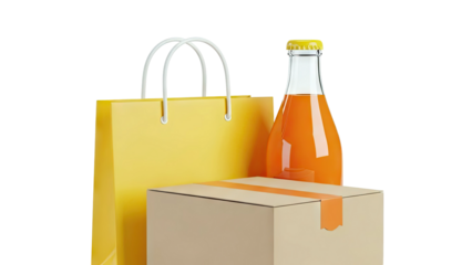 Yellow Shopping Bag, Cardboard Box, and Orange Drink Bottle