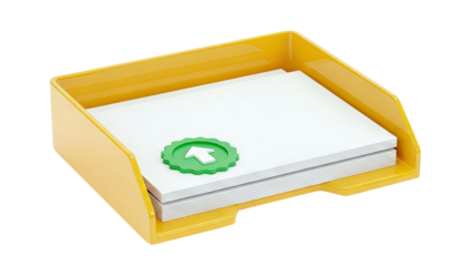 Yellow document tray with stack of papers and green upload icon