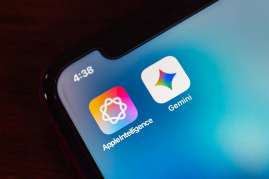 Quito, ECUADOR - Jan 13 2026 : Close-up of smartphone screen showing Apple Intelligence and Gemini AI app icons, highlighting modern artificial intelligence tools.