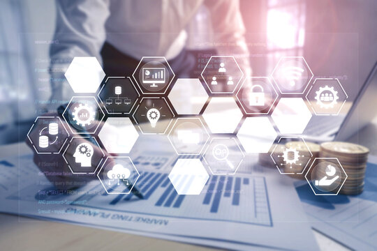 Hexagon interface combining AI, data, analytics, and cybersecurity. AI connects systems, data drives analytics, data supports decisions, and AI enables smart business infrastructure. Vouch - Powered by Adobe