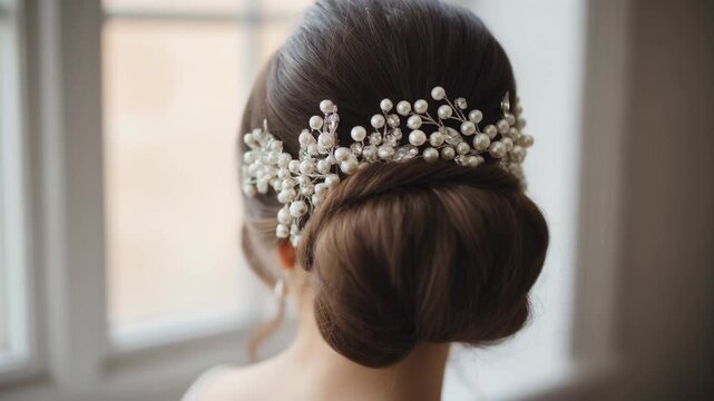 Elegant bridal updo hair with pearl hairpiece wedding hairstyle, floral accessory low bun brown hair, romantic natural soft light window indoor style