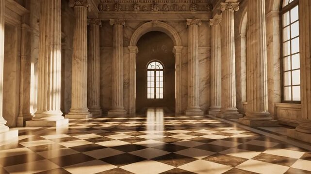Grand Hall with Columns and Checkered Floor