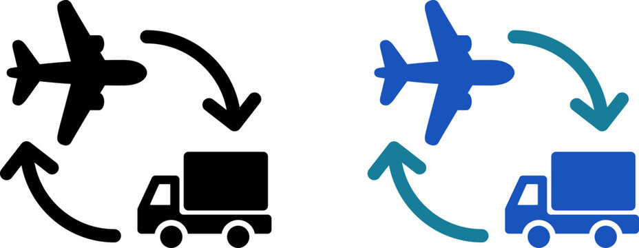 トラックと飛行機で表す国際物流・輸送切替アイコン（Multimodal Logistics Icon with Truck and Airplane）
