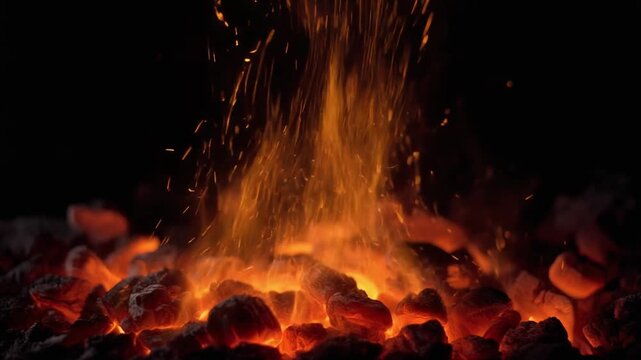 Vibrant flames and sparks rising from glowing embers in a dark environment viewed from a close-up perspective