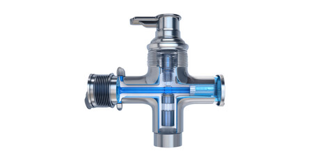 A 3d Rendering of an Industrial Valve Cutaway Showing the Internal Mechanism and Blue Liquid Flow on a Transparent Background.