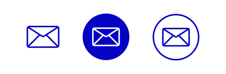Email envelope icon set in blue styles, mail message symbols, inbox notification icons, outline and solid envelope icons, communication UI elements, Vector illustration.