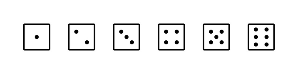Dice face icons from one to six, Gambling and game symbols, Board game and casino dice graphics, Probability and chance icons, Dice icon set, Vector illustration.