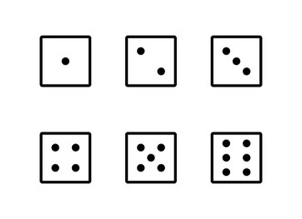 Dice face icons arranged from one to six, Gambling and board game symbols, Casino dice graphics, Probability and chance UI icons, Dice icon set, Vector illustration.