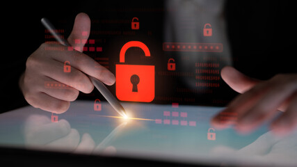 Digital security concept illustrating a cybersecurity breach, with a red unlocked padlock indicating data exposure among secure systems, emphasizing system vulnerability and risk Latch