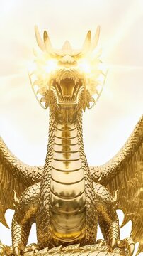 Golden Dragon Creature Roaring with Glowing Eyes and Wings