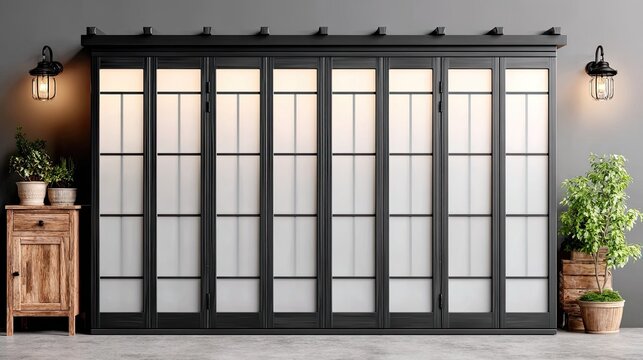 Wide black framed folding door system illuminated from behind stands between wooden decor elements