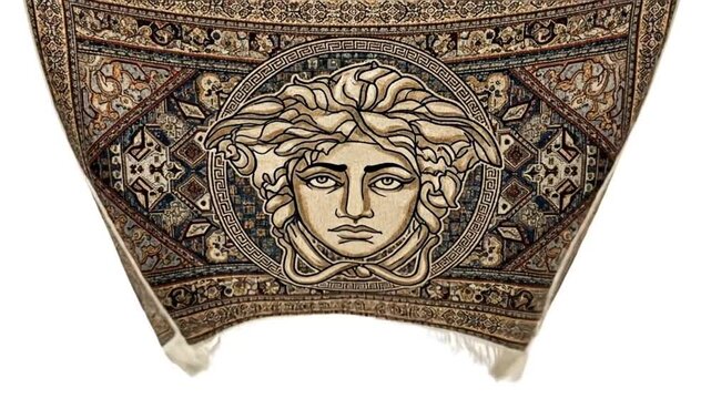 Intricate tapestry featuring the face of Medusa with serpents.