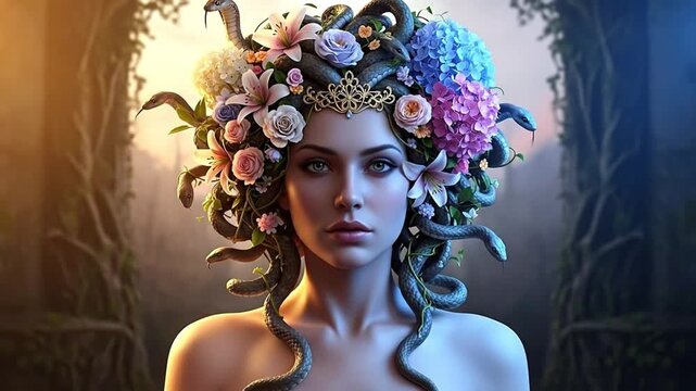 A serene woman adorned with flowers and serpents in a mystical atmosphere.