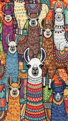 A vibrant and colorful illustration featuring a collection of llamas adorned with intricate patterns and designs, set against a backdrop of geometric shapes and tribal motifs.