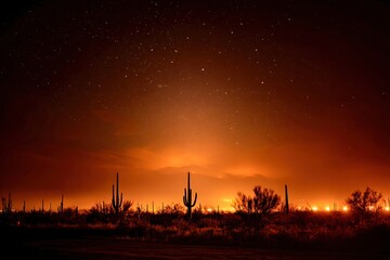 Streetlights illuminating cactus silhouettes in the desert