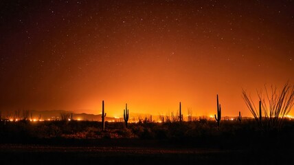 Arizona desert neighborhood lit by streetlights at night