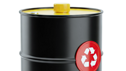 Black barrel with yellow cap and recycling symbol