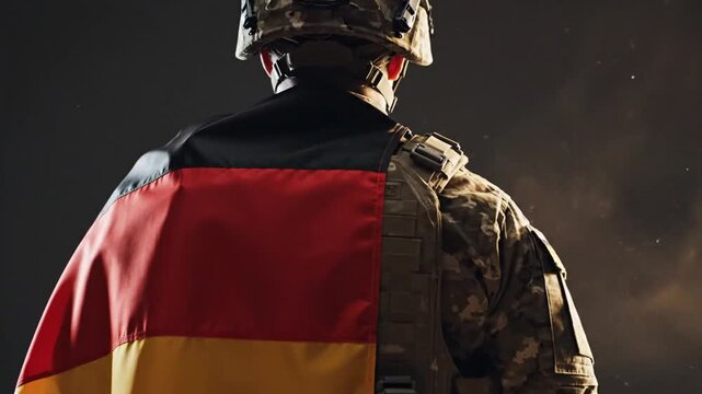 Soldier Standing with German Flag Cape in Nighttime Setting Showing Patriotism