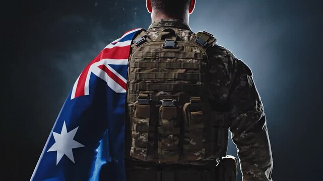 Australian soldier standing with national flag in dramatic dark background