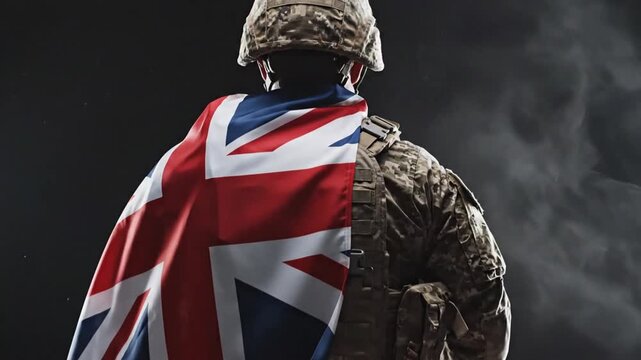 soldier standing with british flag draped over military uniform under cloudy sky