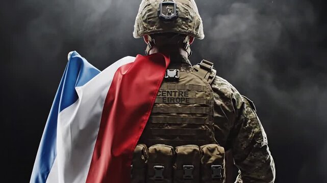 Brave soldier standing with French flag in stormy sky symbolizing resilience