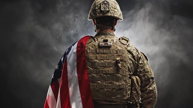 Soldier Standing with American Flag Cape in Dark Smoky Atmosphere