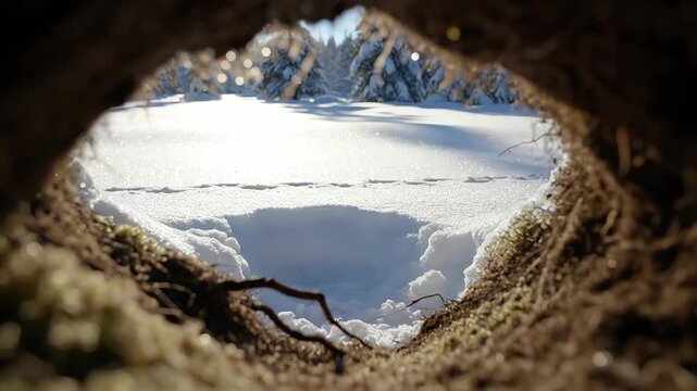 Marmot peeking from its safe burrow into a bright snowy winter forest for hibernation awakening concept and natural wildlife survival