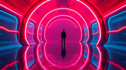 Futuristic Neon Tunnel With Lone Human Silhouette