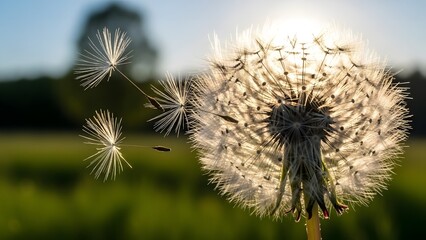A close-up photograph of a dandelion seed head with seeds blowing away in the breeze. The sunlight highlights the delicate structures of the seeds