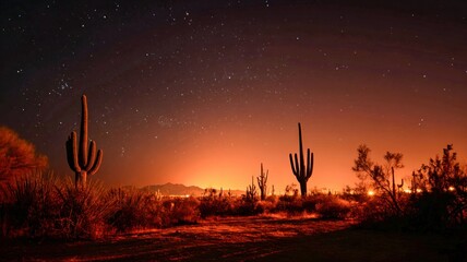 Empty desert road with saguaro cactus under orange sky
