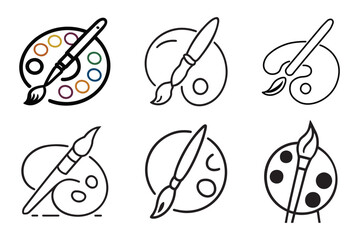 Paintbrush and Palette Outline Vector Set, Art palette with paint brush icons on White Background