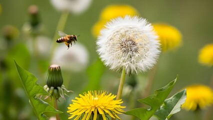 Fototapeta premium A close-up shot of a bee flying near a fluffy dandelion. The scene captures the essence of nature's beauty and the interplay between insects and plants