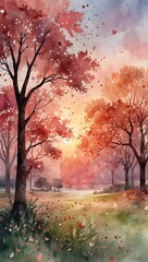Romantic Watercolor Valentine Park Scene