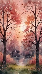Romantic Watercolor Valentine Park Scene