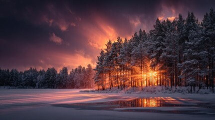 Winter forest landscape with snow and dramatic sunset lighting