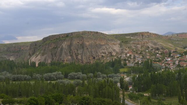 Selime village and ancient cave dwellings carved into rock formations in Cappadocia, Turkey