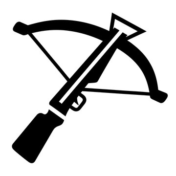 Minimal black and white vector icon inspired by medieval archery equipment, abstract crossbow symbol in flat geometric style on a clean white background.