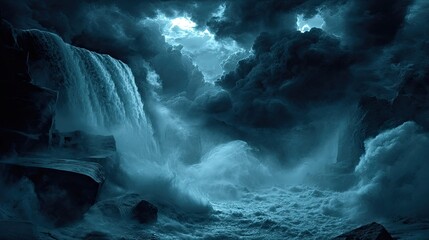 Dramatic waterfall cascading with turbulent water against a stormy cloudy sky