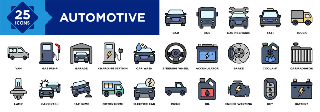 Automotive icon collection set. Containing Car, Bus, Car Mechanic, Taxi, Garage, Car Wash, Van, Truck, Gas Pump, Battery icon