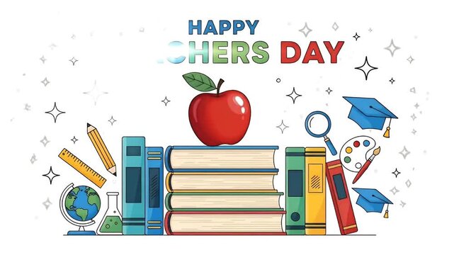 Happy Teachers Day Celebration with Books Apple and Graduation Caps