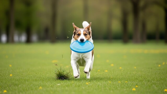 Playful dog in a park catches a blue frisbee mid-air while running on the grass