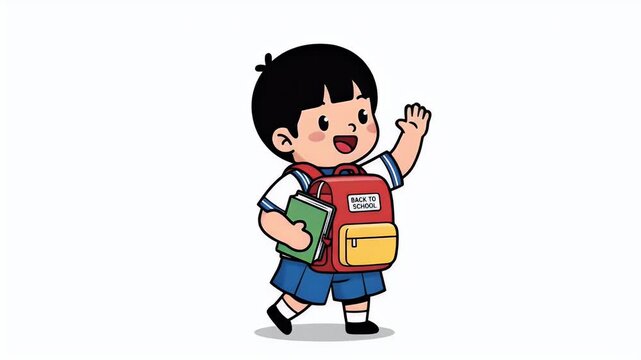 Happy Young Boy Walking With Backpack and Books Animation