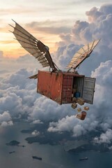 A shipping container with wings soars through the sky amidst fluffy clouds at sunset, releasing packages into the air