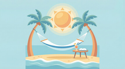 Relaxing on a serene beach with a hammock, palm trees, and a sunny day