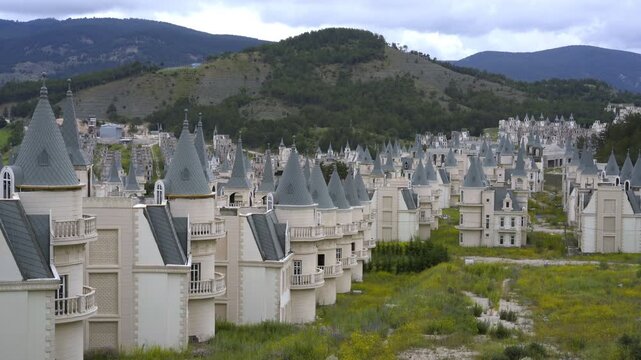 Burj Al Babas ghost town abandoned castle villas in a valley next to the mountains in Turkey