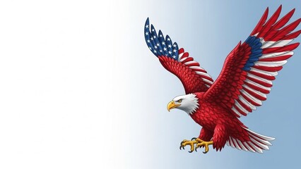 Obraz premium American Bald Eagle with USA Flag Wings Flying, Patriotic Freedom Symbol, Powerful National Bird in Dynamic Flight, Independence and Strength Concept, Isolated on White Background, 3D Illustration 