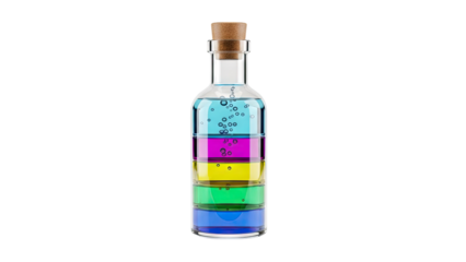 Glass Bottle with Layered Colored Liquids and Bubbles